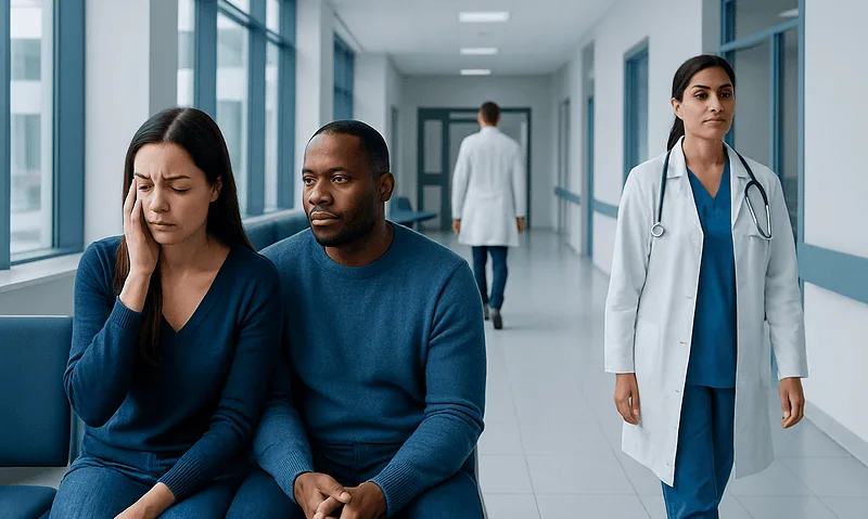 Patient experiencing ear pain in a hospital corridor with medical staff nearby.