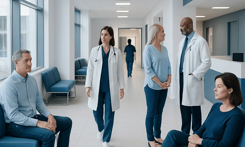 Medical team consulting with patients in a hospital corridor.