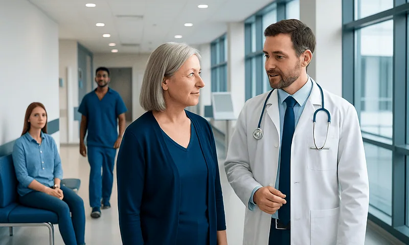 Doctor talking to an elderly female patient in a hospital corridor.