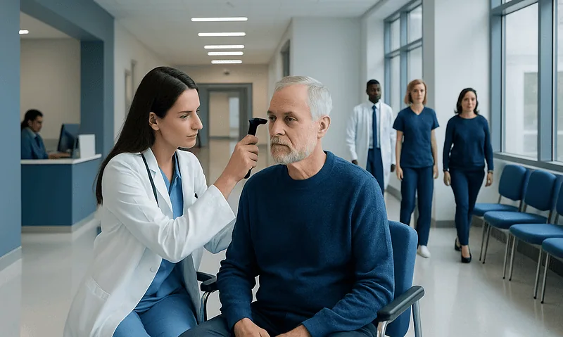 ENT specialist examines patient's ear in a hospital setting.