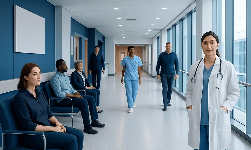 Medical team and patients in a hospital corridor at Acibadem Hospitals Group.