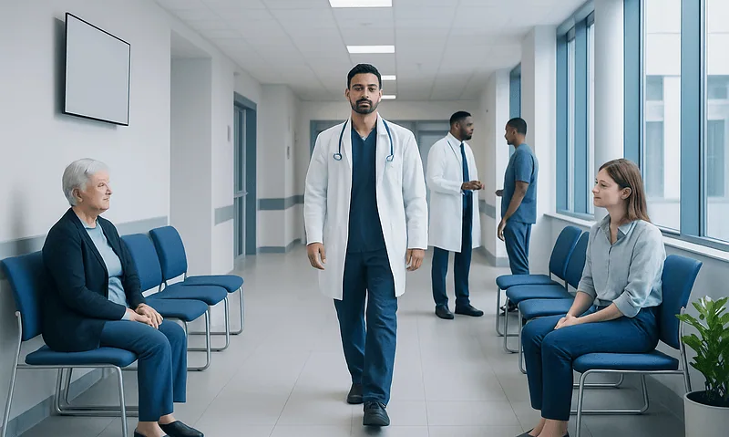 Medical professionals and patients in a hospital waiting area.