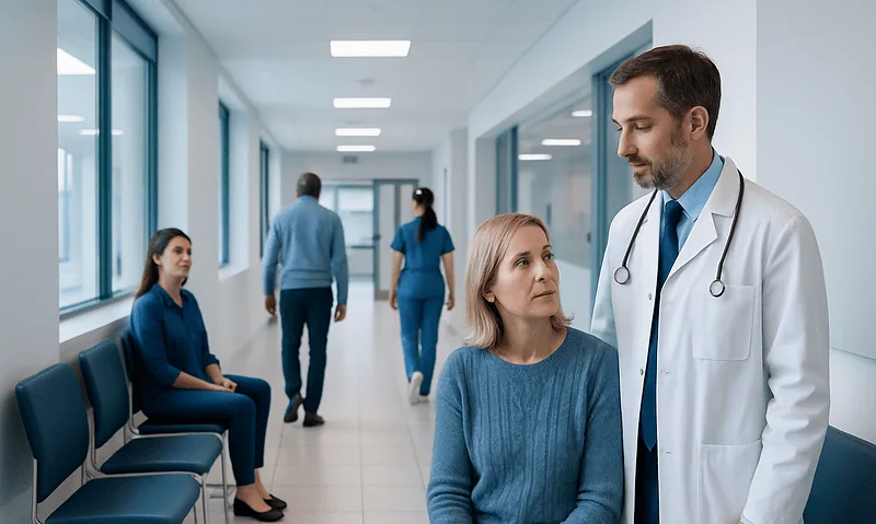 Doctor consulting a patient in a hospital corridor with other patients nearby.