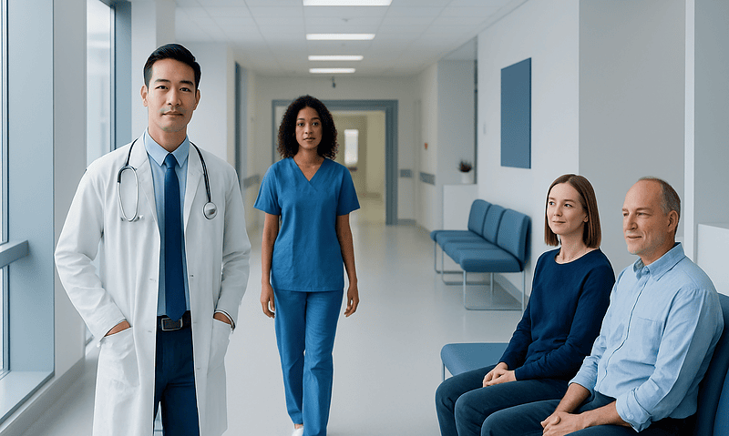 Medical team with doctor and nurses in hospital corridor for patient care.