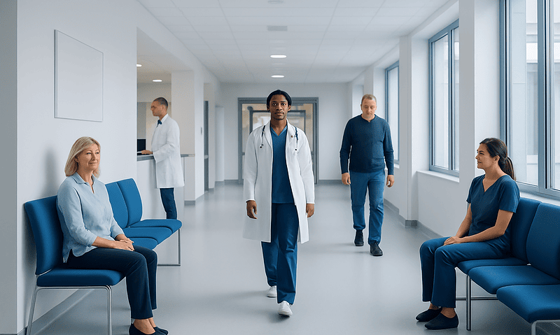 Healthcare professionals and patients in a modern hospital corridor.