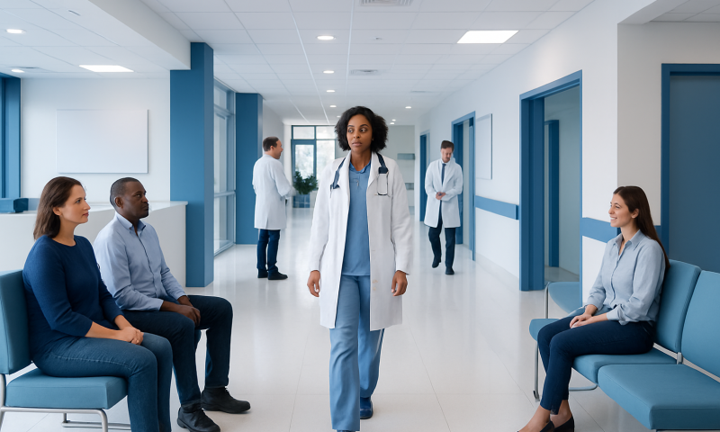 Healthcare professionals and patients in a modern hospital corridor.