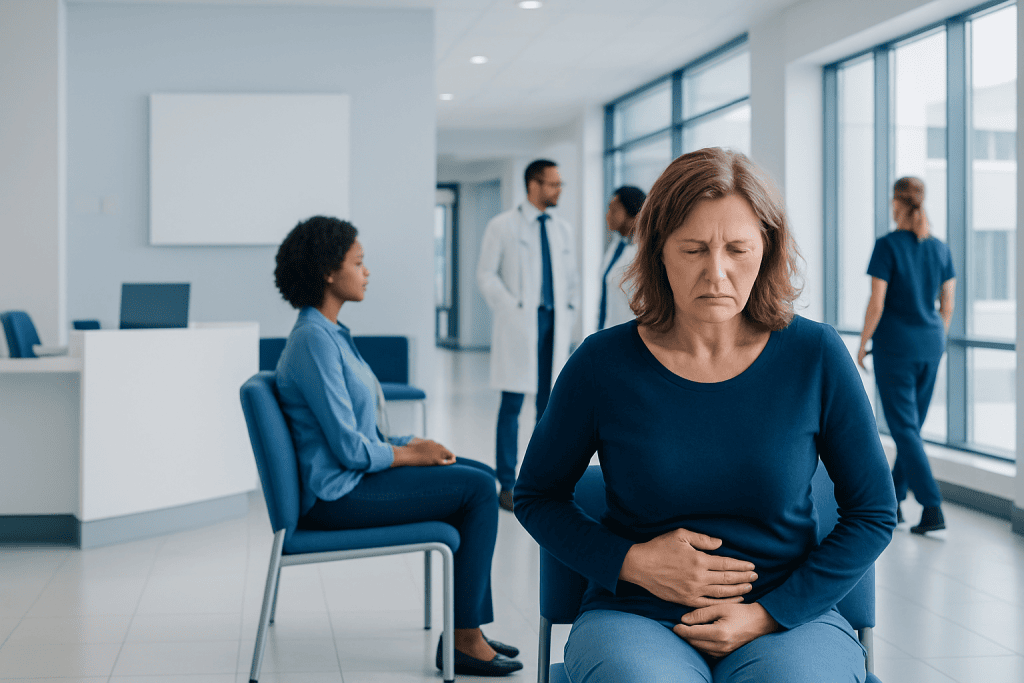 Ovarian Cancer Symptoms: Common Causes, Related Conditions, and When to See a Doctor 1 Woman experiencing abdominal pain in a hospital waiting area.