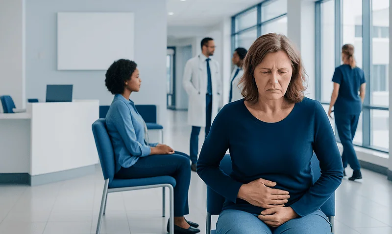 Woman experiencing abdominal pain in a hospital waiting area.