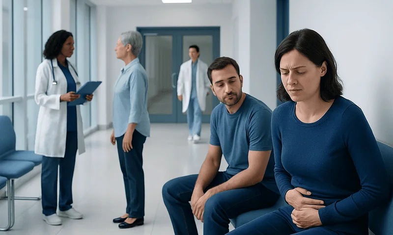Patients waiting in a hospital corridor with medical staff nearby.