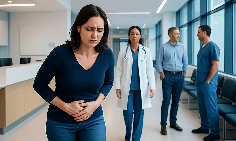 Woman experiencing abdominal pain in hospital corridor with medical staff nearby.