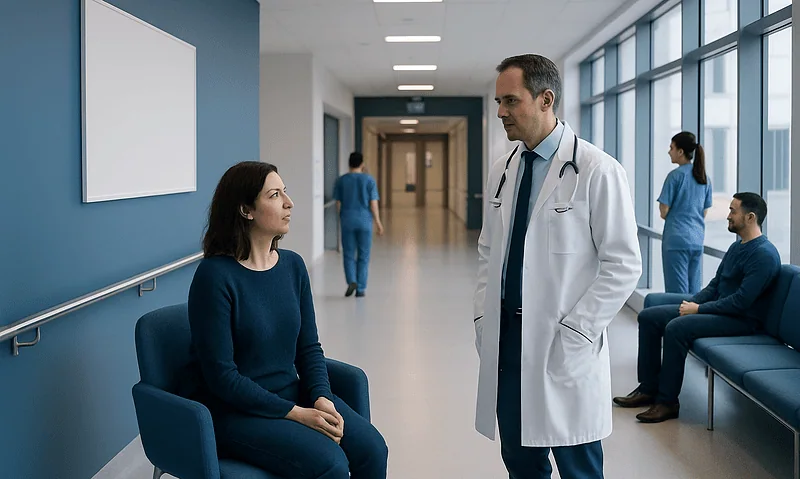 Doctor consulting female patient in hospital corridor with medical staff in background.