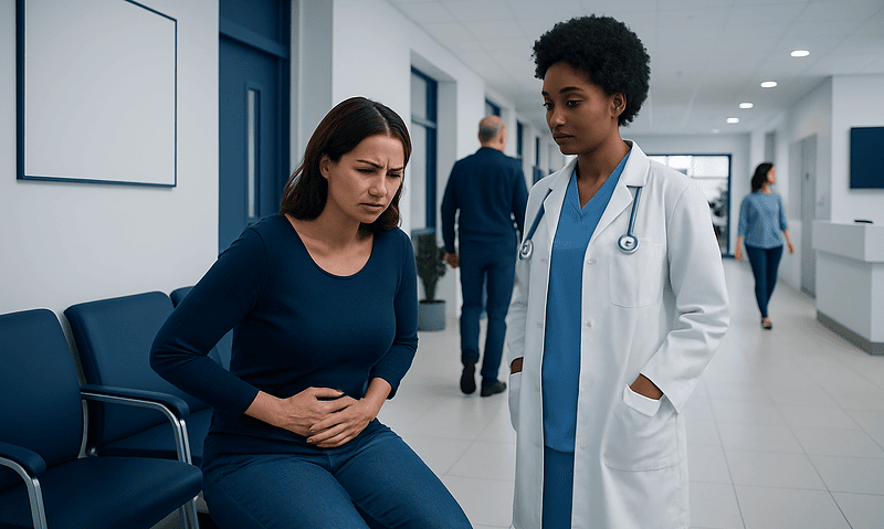 Woman experiencing abdominal pain consulting with a doctor in hospital corridor.