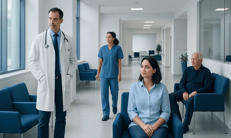 Medical consultation in a modern hospital corridor with doctors and patients.