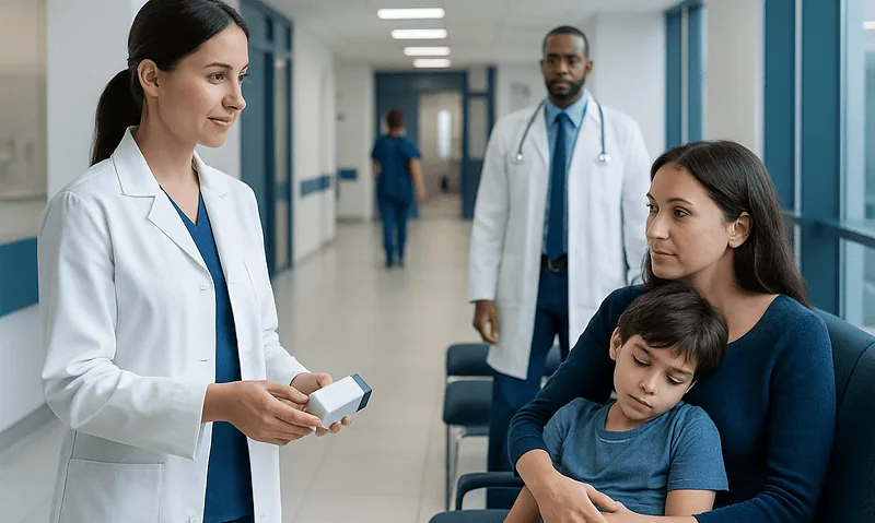 Doctor explaining medication to a mother and child in hospital corridor.