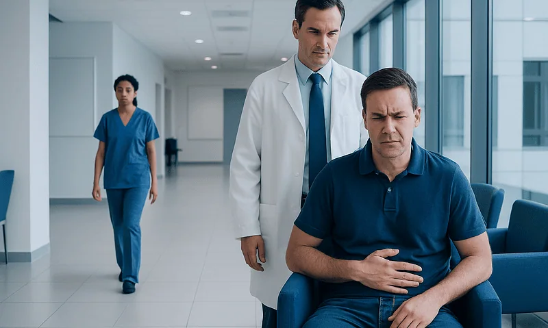Doctor examining patient with abdominal pain in hospital corridor.