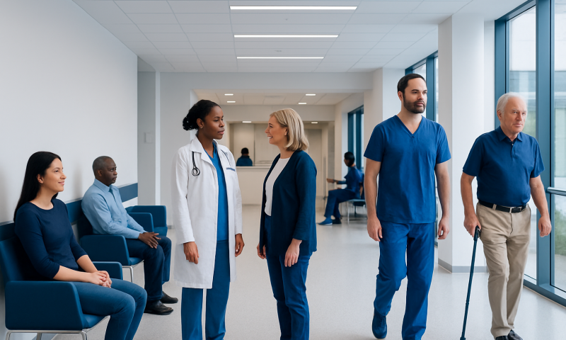 Hospital corridor with medical staff and patients in a modern healthcare facility.