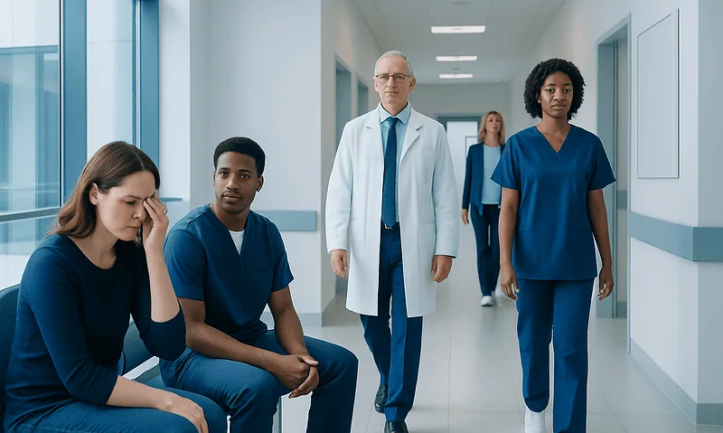 Medical team in hospital corridor with patients and staff.
