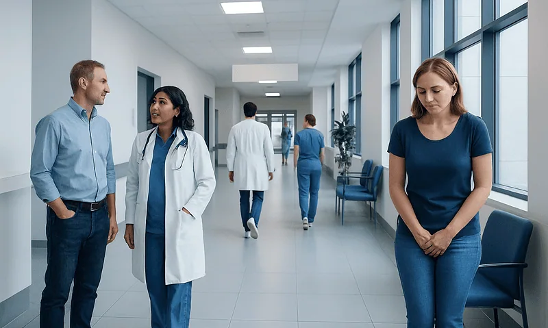 Patients and medical staff in a hospital corridor at Acibadem Hospitals Group.