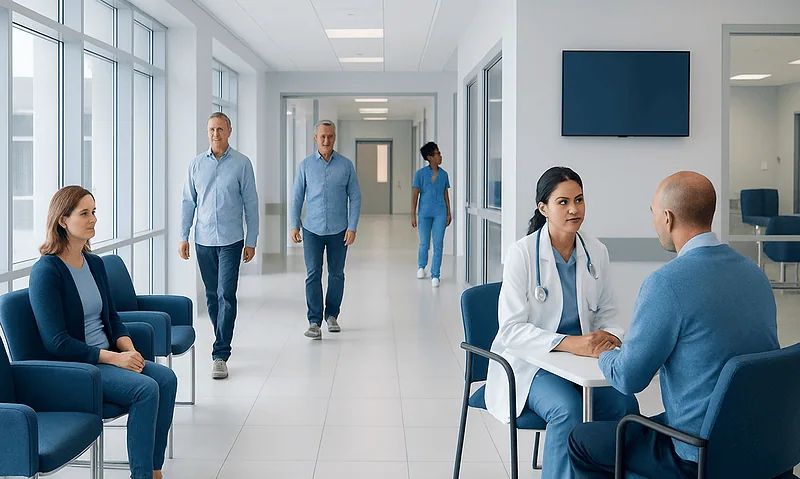Modern hospital corridor with patients and medical staff in a healthcare facility.