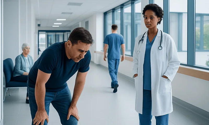 Patient experiencing pain in hospital corridor with medical staff nearby.
