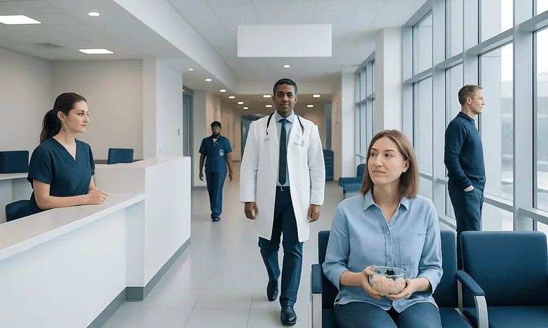Diverse hospital staff and patients in a modern healthcare facility.