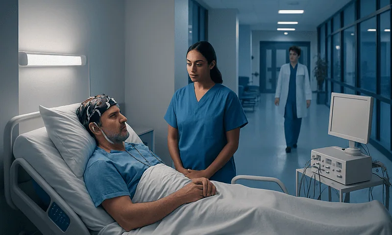 Patient undergoing sleep study with EEG monitoring at Acibadem Hospital.