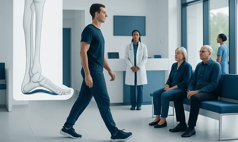 Doctor explaining foot anatomy to patients in a hospital setting.