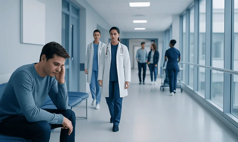 Young man waiting in hospital corridor with medical staff walking by.