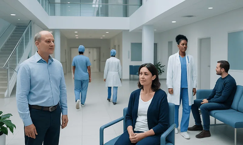 Hospital staff and patient in a modern medical facility.