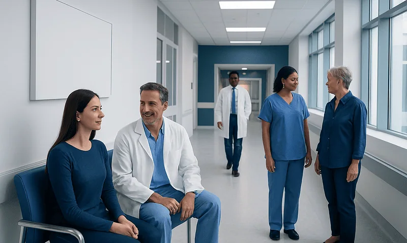 Medical professionals and patient in a hospital corridor at Acibadem Hospitals Group.