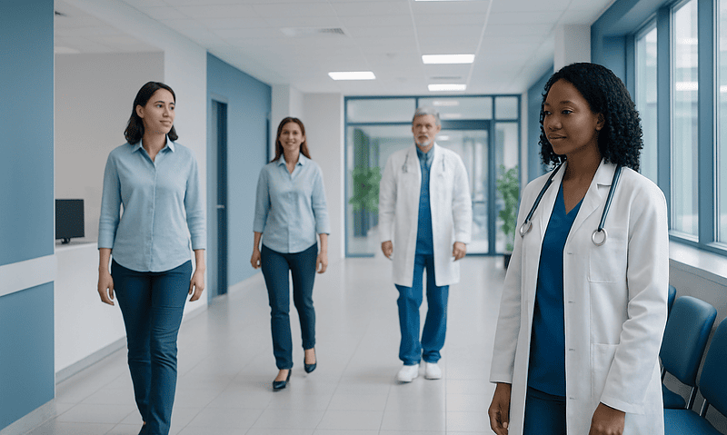 Medical team walking in hospital corridor at Acibadem Hospitals Group.