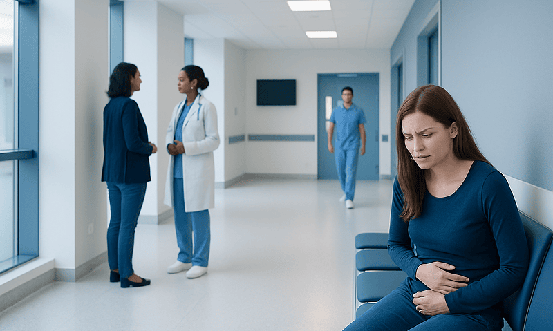 Young woman experiencing abdominal pain in hospital corridor.