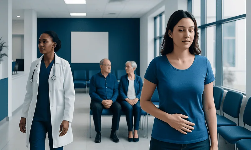 Young woman experiencing abdominal pain in a hospital waiting area.