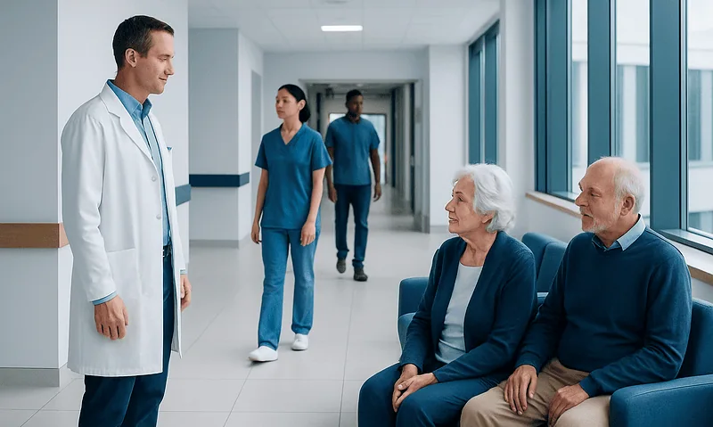 Doctor talking to elderly patients in hospital corridor.