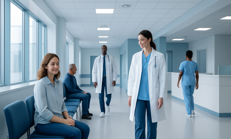 Hospital waiting area with medical staff and patients.