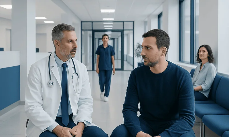Doctor consulting with patient in hospital corridor for health assessment.