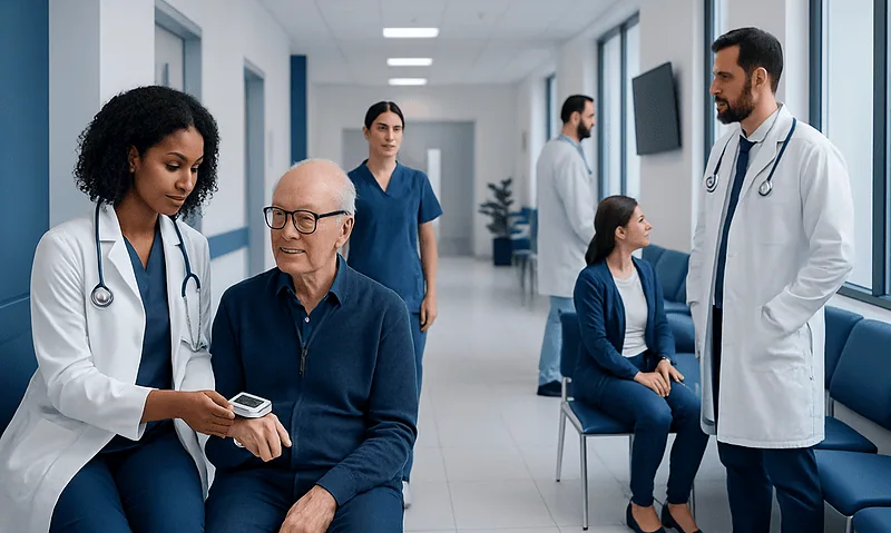 Healthcare professionals and patients in a hospital corridor at Acibadem Hospitals Group.