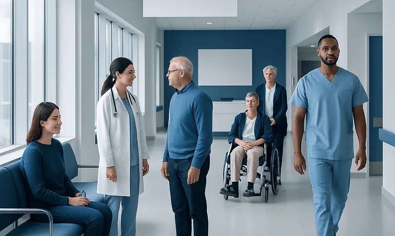 Hospital staff and patients in a modern healthcare facility.