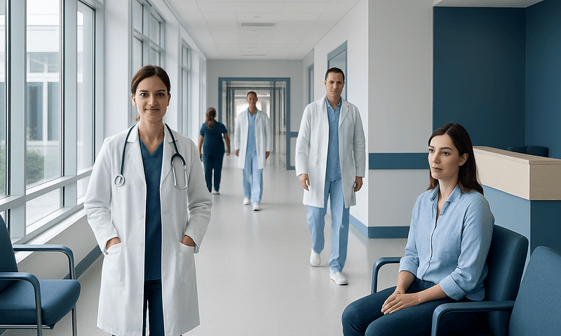 Medical team in hospital corridor with patients and staff.