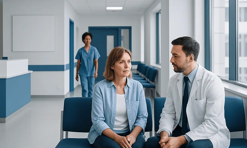 Doctor consulting with a patient in a hospital corridor.