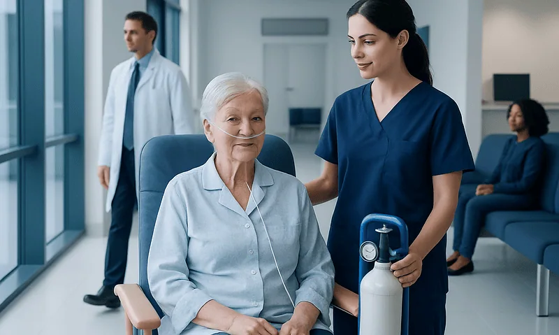 Nurse assisting elderly woman with oxygen therapy in hospital setting.
