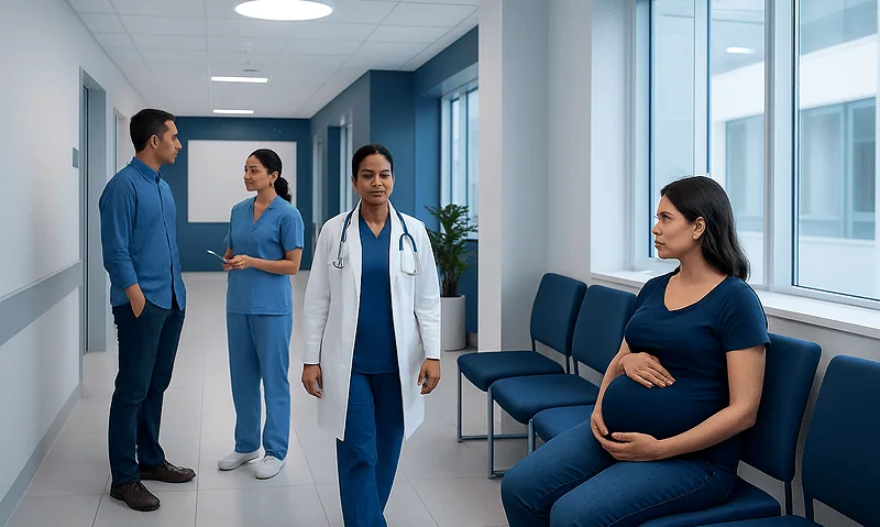 Oxytocin: An Evidence-Based Guide for Patients 2 Pregnant woman waiting in hospital corridor with medical staff nearby.