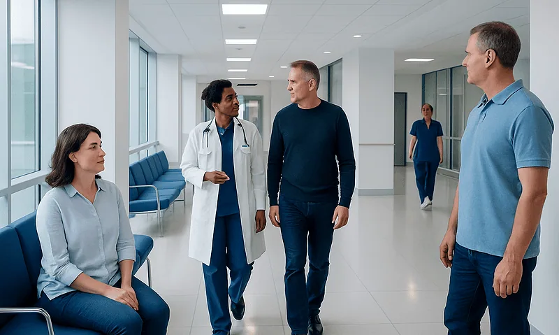 Medical team discussing patient care in hospital corridor.