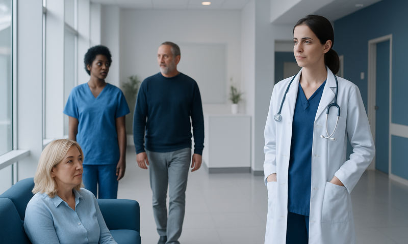 Doctor and patients in a hospital corridor, healthcare professionals discussing patient care.