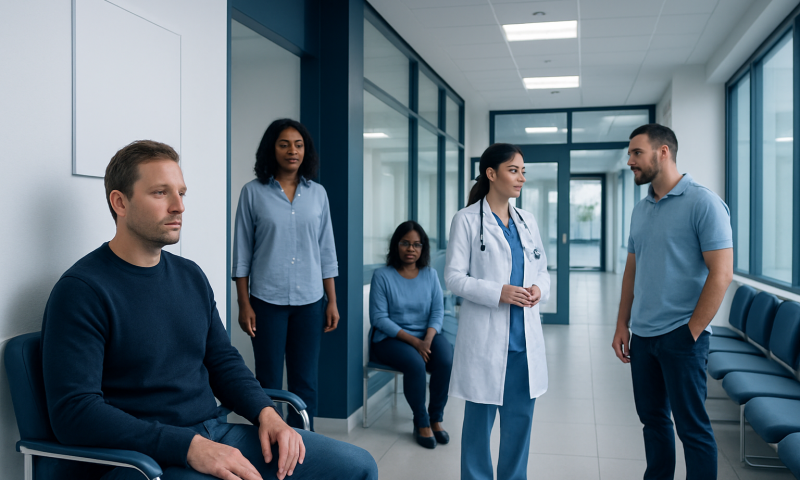 Patients and healthcare professionals in a hospital corridor.