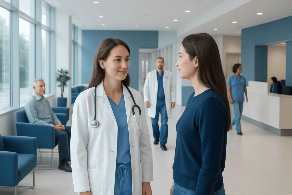 Ozempic Teeth: A Complete Medical Overview 1 Doctor and patient having a conversation in a hospital lobby.