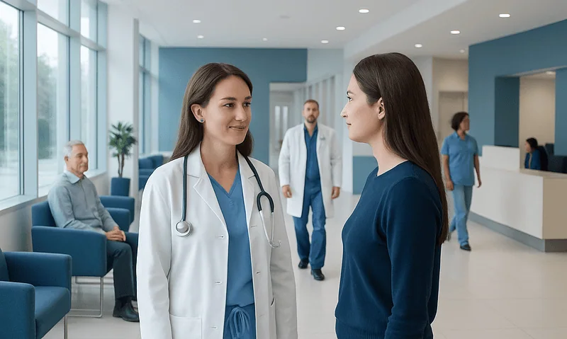 Doctor and patient having a conversation in a hospital lobby.