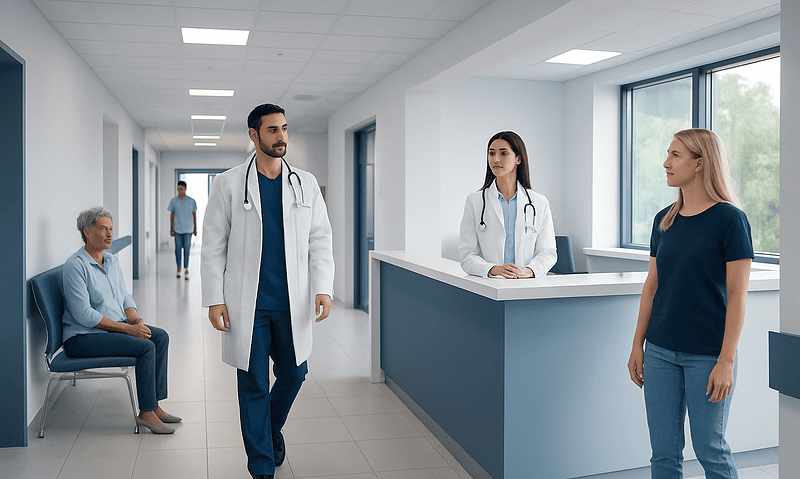 Doctors consulting with a patient in a hospital corridor.