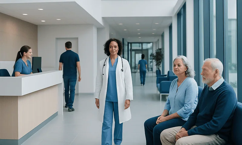 Healthcare professionals and patients in a modern hospital corridor.