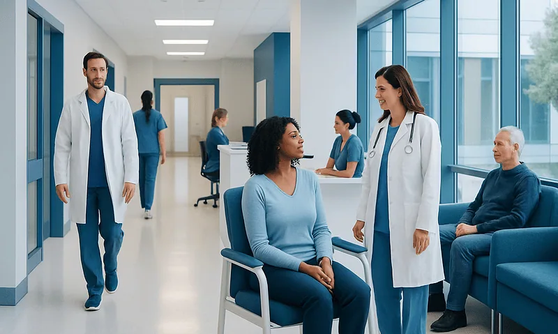 Medical professionals consulting with a patient in a modern hospital corridor.